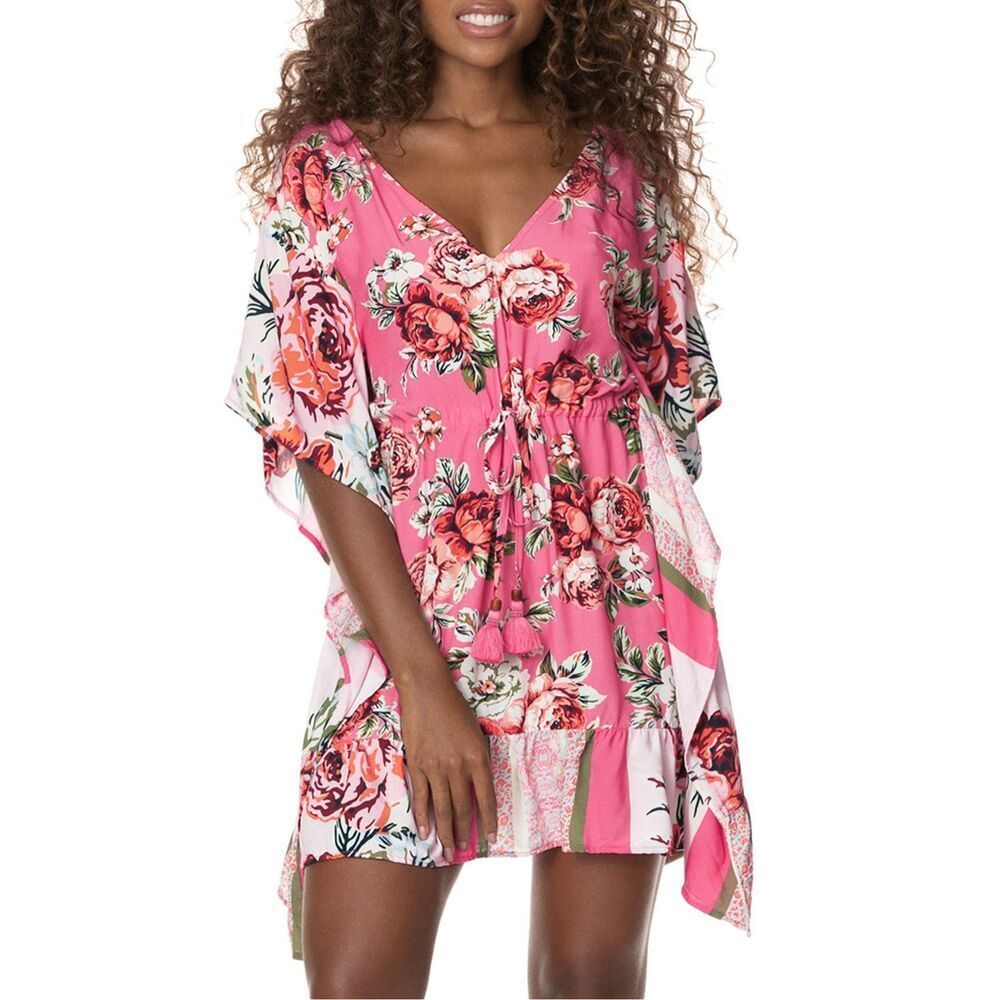 Maaji Lilys Dreaming Floral Kaftan Cover Up Swim Tunic Pink Small